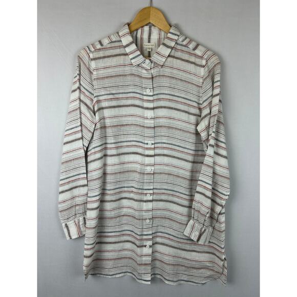 Garnet Hill Easy Linen Tunic Striped Button Up Top Long Sleeve Women's Size S - Picture 1 of 9